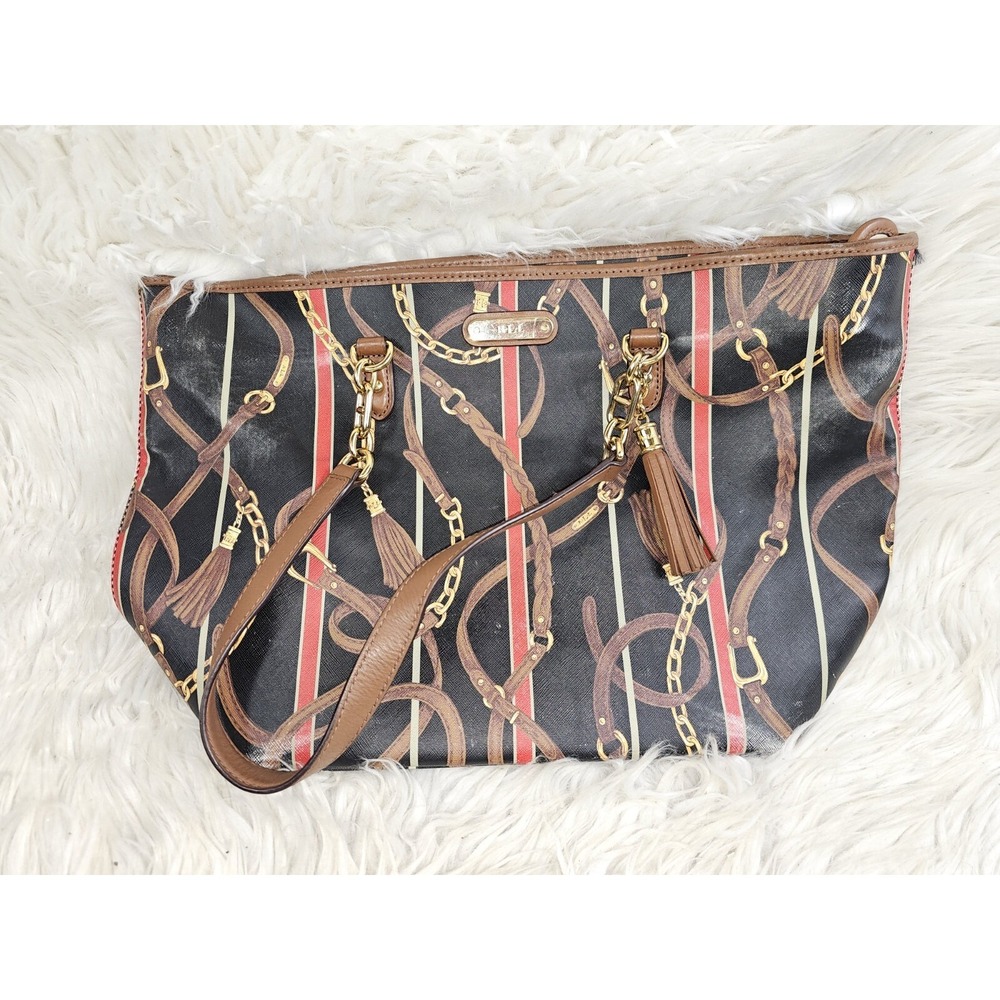 Lauren Ralph Lauren Black Equestrian-Print Classic Leather Trim Tote Women's Bag